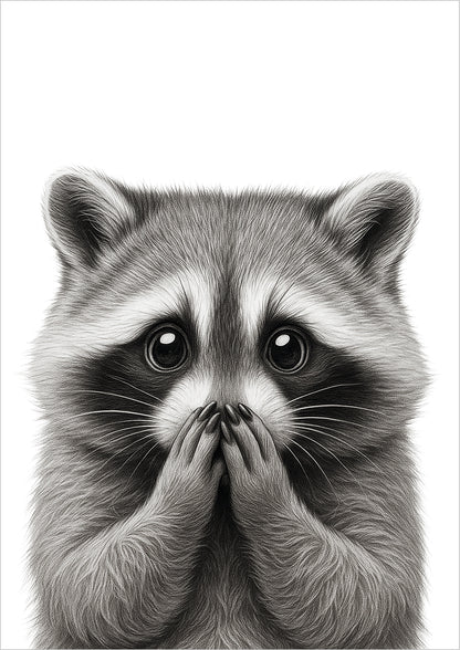 freigestelltes Poster mit einem Waschbär, der überrascht die Hände vor den Mund hält, süßes Tiermotiv