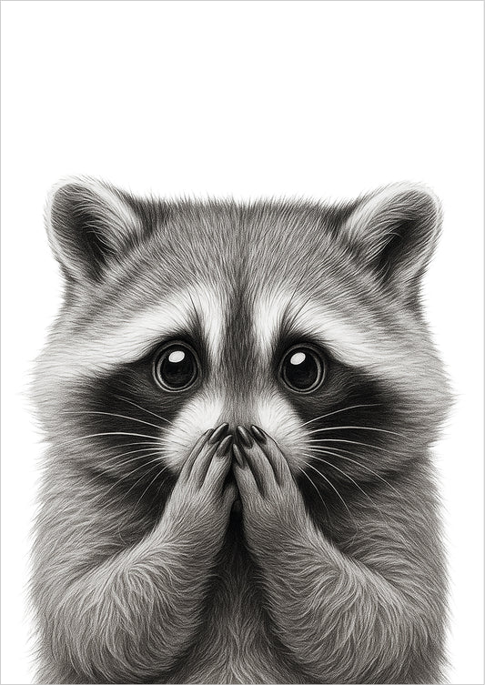 freigestelltes Poster mit einem Waschbär, der überrascht die Hände vor den Mund hält, süßes Tiermotiv