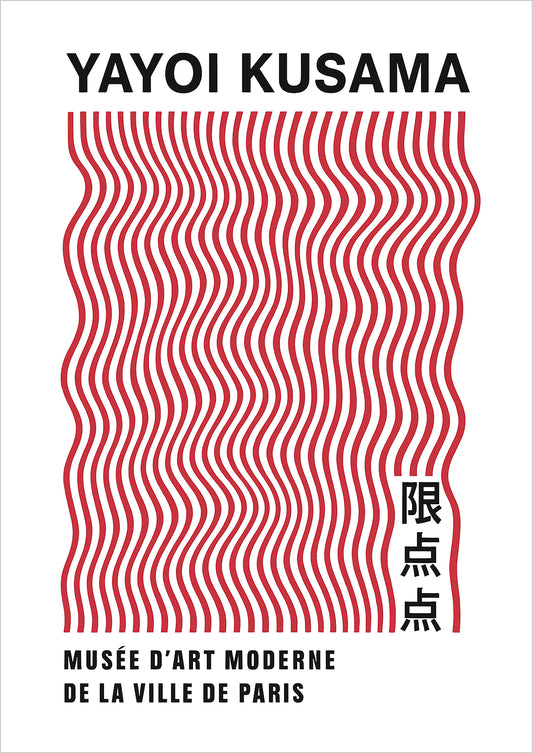 yayoi kusama poster rote wellenlinien freigestellt auf weißem hintergrund