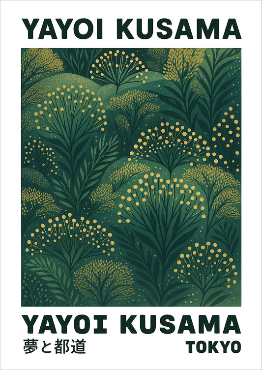 yayoi kusama kunst poster grüne punkte und linien freigestellt auf hellem hintergrund
