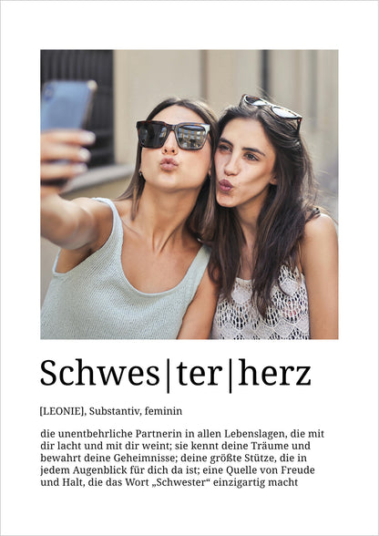 Schwesterherz - Definition Poster – individuell mit Foto & Name - Personalisiert