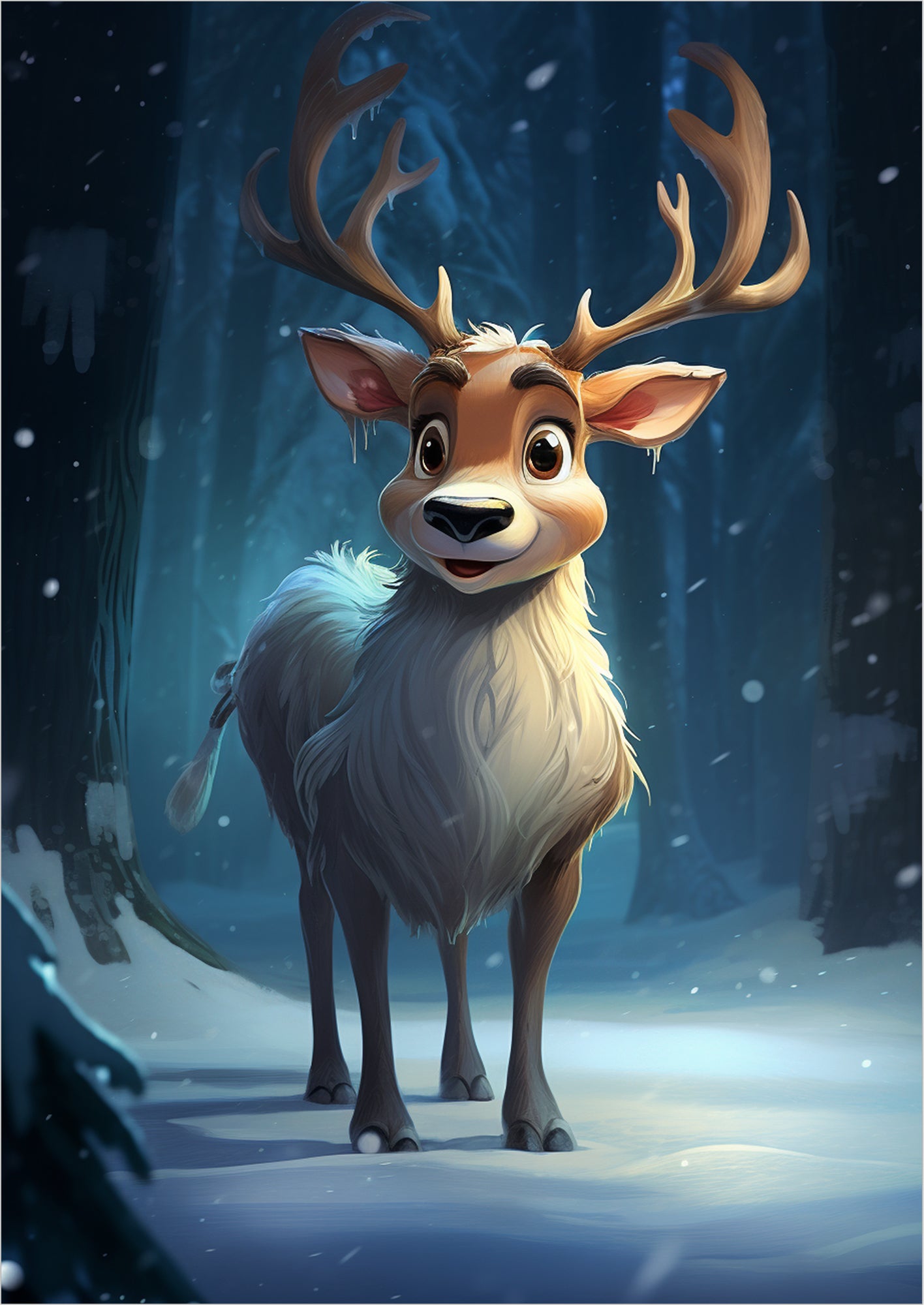 Cartoon-Rentier im verschneiten Winterwald, freigestellt auf weißem Hintergrund