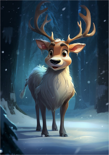 Cartoon-Rentier im verschneiten Winterwald, freigestellt auf weißem Hintergrund