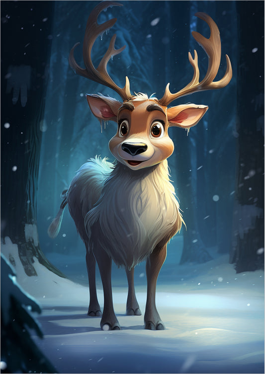 Cartoon-Rentier im verschneiten Winterwald, freigestellt auf weißem Hintergrund