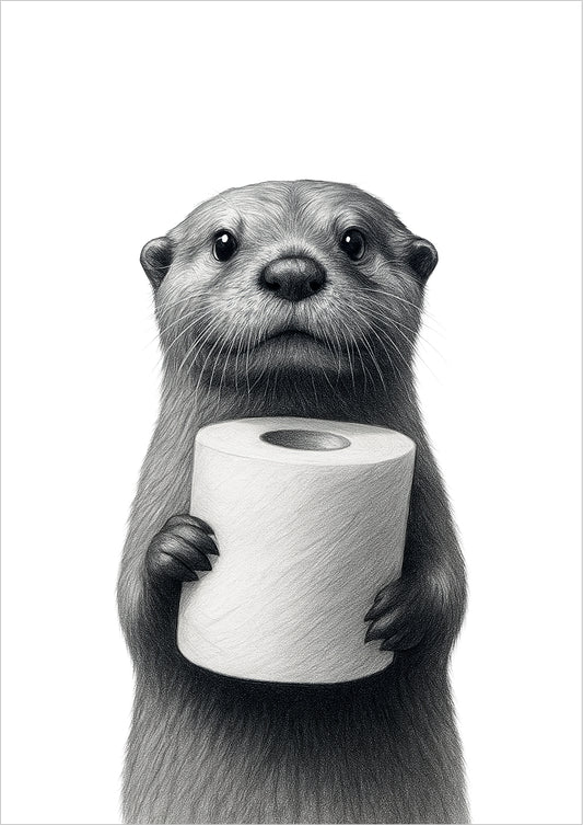 Otter mit Klopapier freigestellt schwarz-weiß Illustration