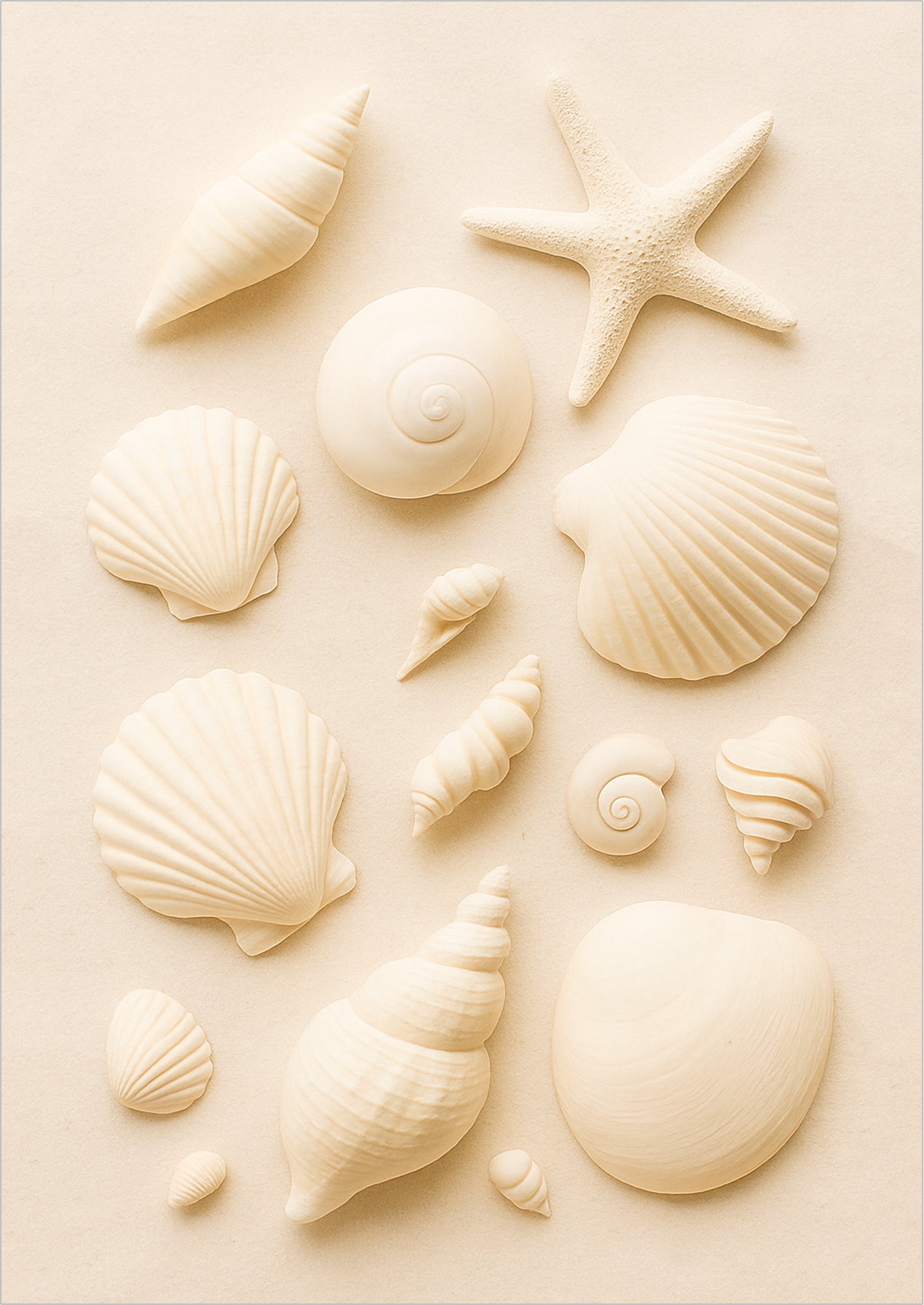 Drei verschiedene Muscheln liegen im feinen Sand mit dezentem Lichtspiel