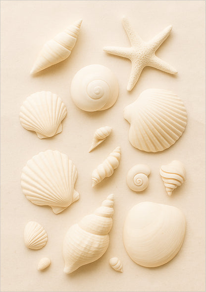 Drei verschiedene Muscheln liegen im feinen Sand mit dezentem Lichtspiel