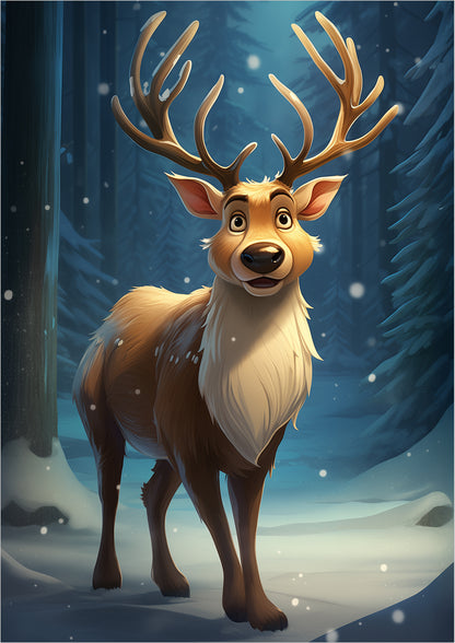 Cartoon-Rentier mit großem Geweih im Schnee, freigestellt auf weißem Hintergrund