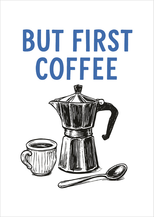 Illustratives Poster mit Kaffeetasse und Mokkakanne