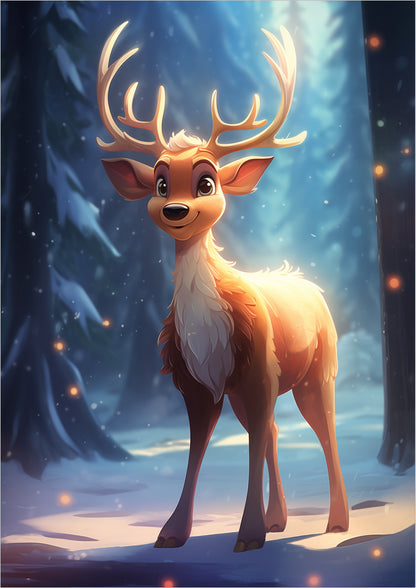 Cartoon-Rentier im goldenen Licht des Winterwaldes, freigestellt auf weißem Hintergrund