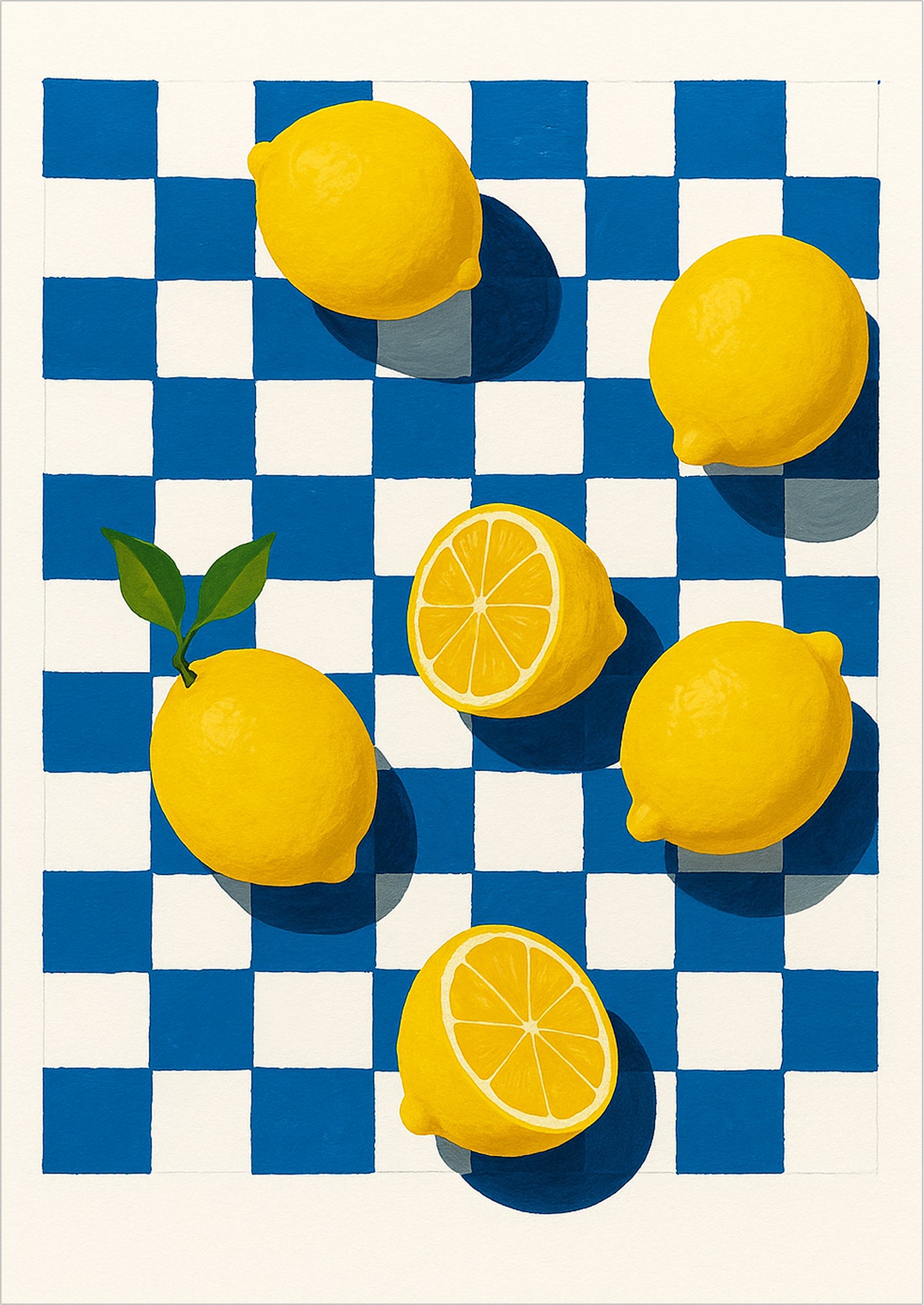 Gelbe Zitronen, teils halbiert, auf blau-weiß kariertem Hintergrund in Aquarellstil