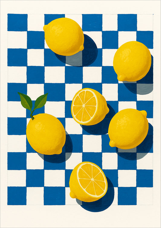 Gelbe Zitronen, teils halbiert, auf blau-weiß kariertem Hintergrund in Aquarellstil