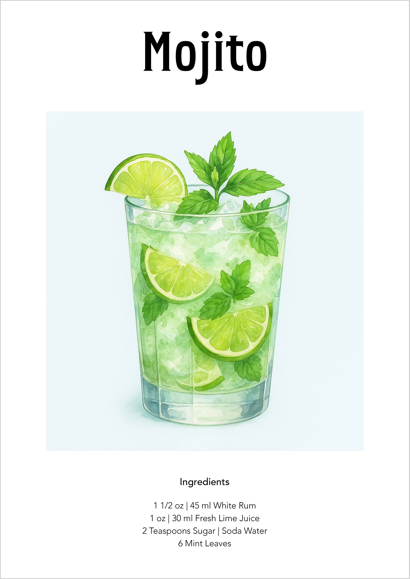 Aquarellzeichnung eines Mojito-Cocktails mit Limettenscheiben und Minze im Glas