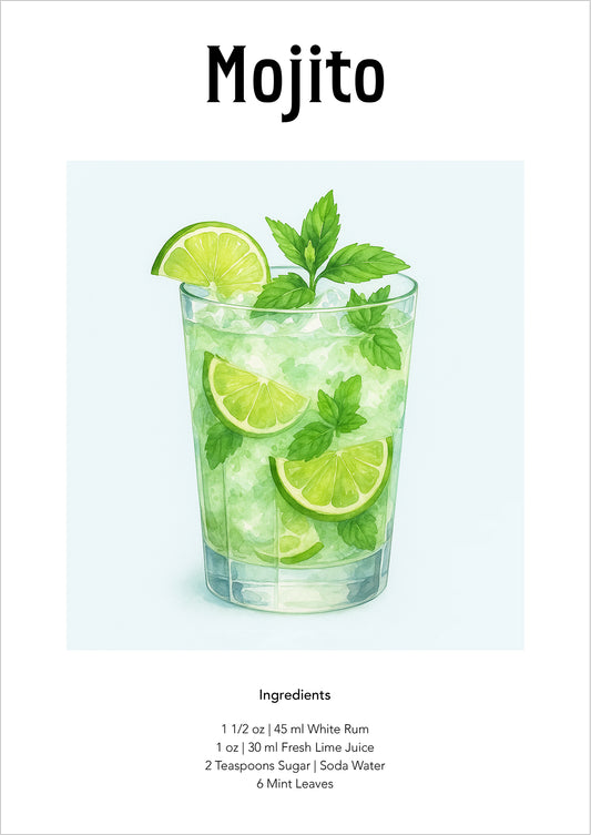 Aquarellzeichnung eines Mojito-Cocktails mit Limettenscheiben und Minze im Glas