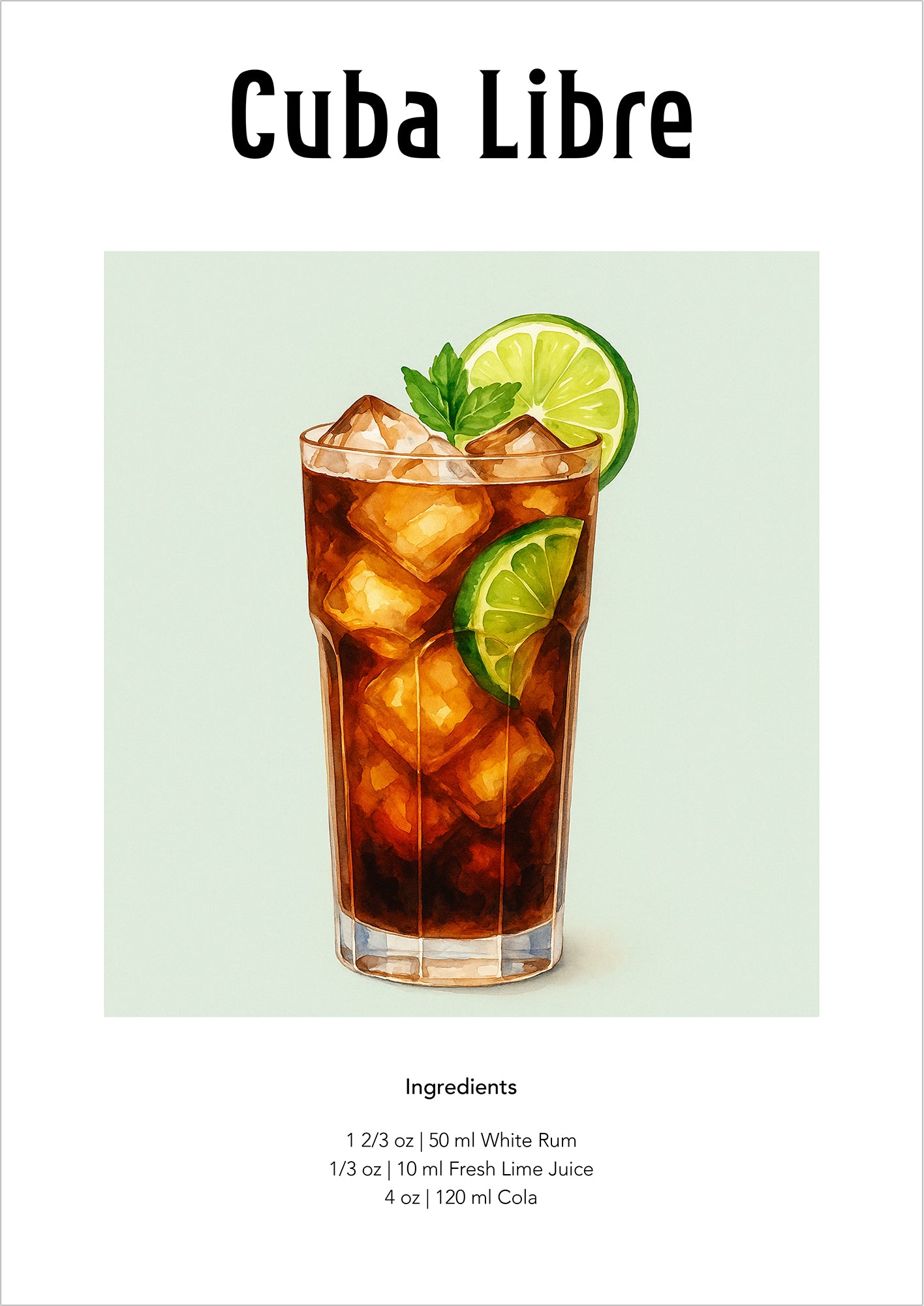 Aquarellillustration eines Cuba Libre mit Eiswürfeln, Limette und Minze im Longdrinkglas
