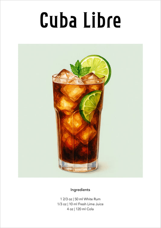 Aquarellillustration eines Cuba Libre mit Eiswürfeln, Limette und Minze im Longdrinkglas