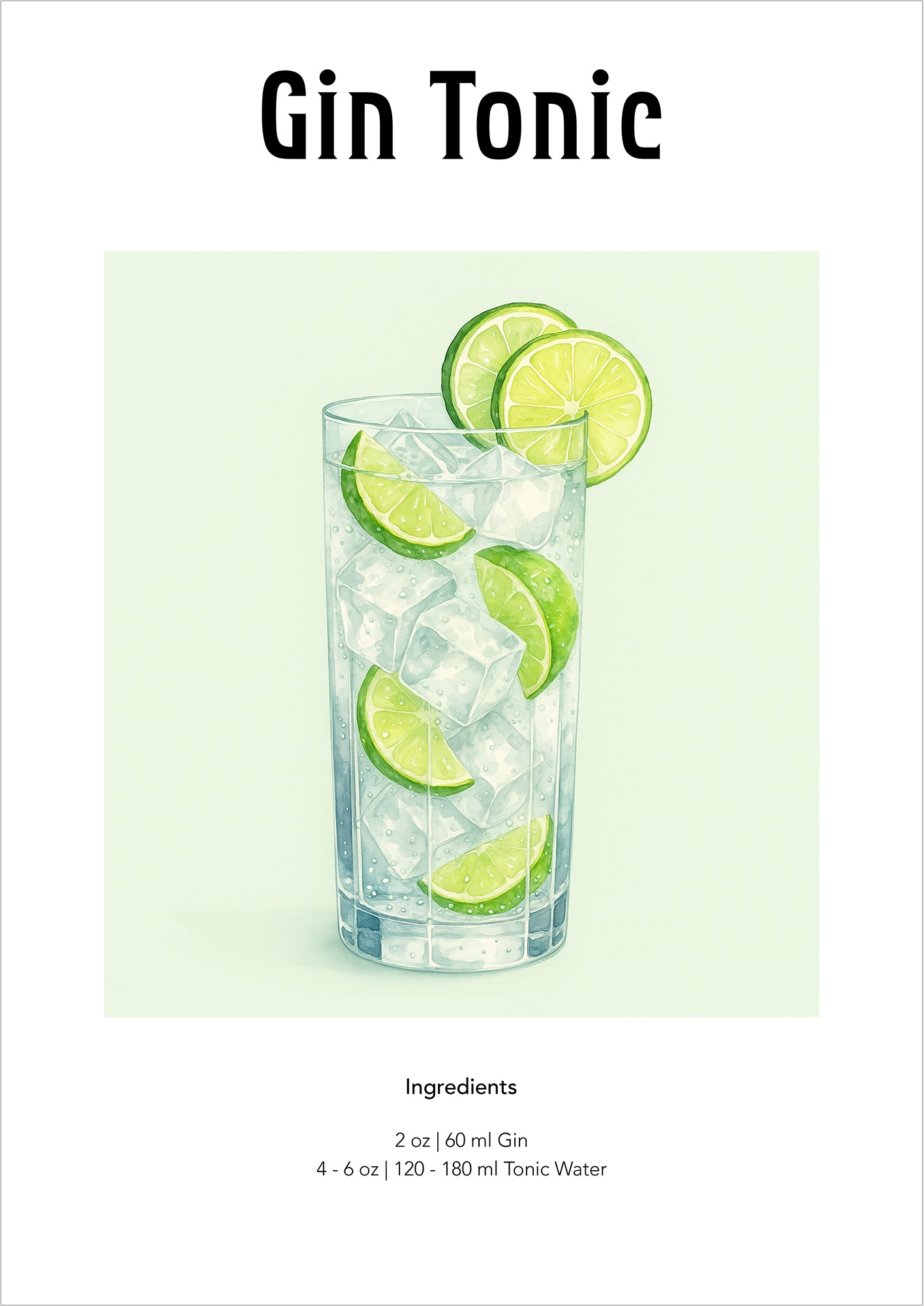 Aquarellzeichnung eines Gin Tonic mit Eiswürfeln und Limetten im hohen Glas