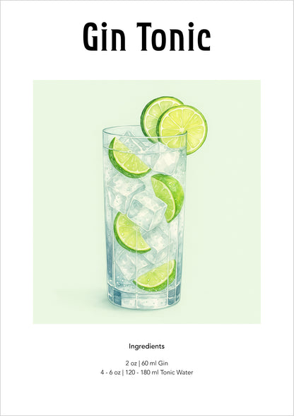 Aquarellzeichnung eines Gin Tonic mit Eiswürfeln und Limetten im hohen Glas