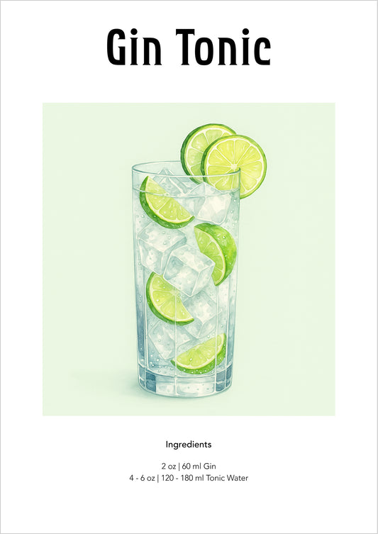 Aquarellzeichnung eines Gin Tonic mit Eiswürfeln und Limetten im hohen Glas