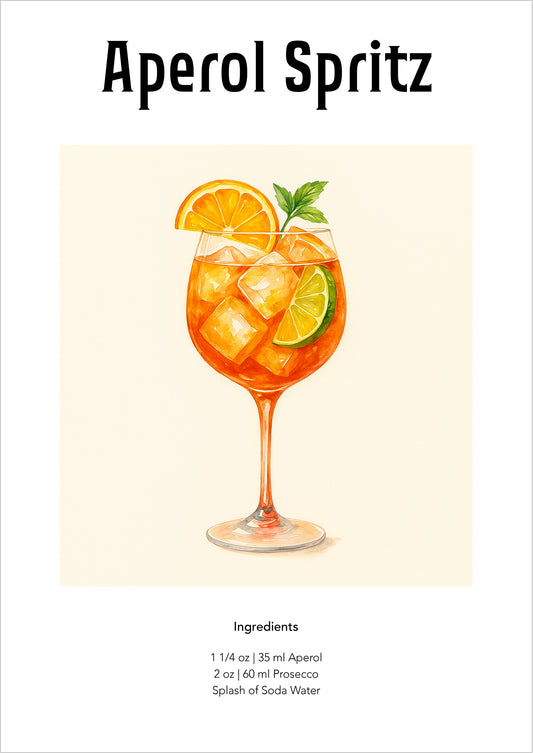 Aquarellbild eines Aperol Spritz im Weinglas mit Orangenscheibe und Minze