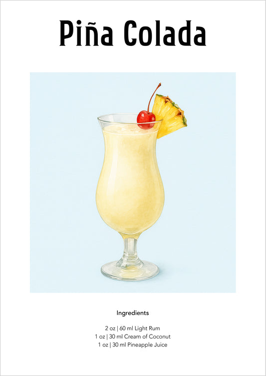 Aquarellzeichnung einer Piña Colada im hohen Glas mit Ananasscheibe und Cocktailkirsche