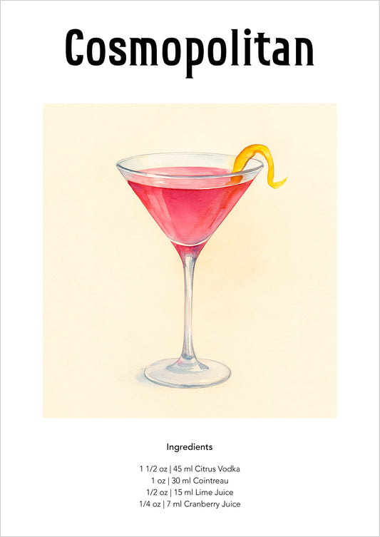 Illustration eines aquarellierten Cosmopolitan-Cocktails freigestellt auf weißem Hintergrund