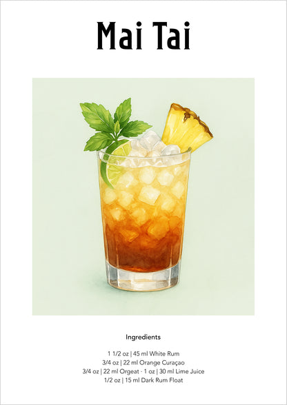 Illustration eines Mai Tai-Cocktails freigestellt auf weißem Hintergrund