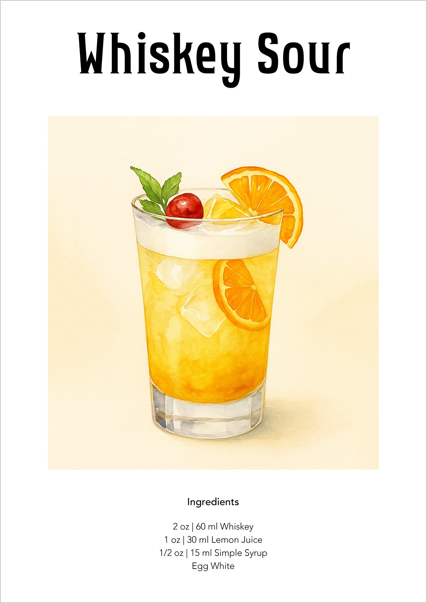 Illustration eines Whiskey Sour-Cocktails freigestellt auf weißem Hintergrund