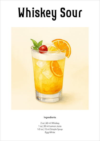Illustration eines Whiskey Sour-Cocktails freigestellt auf weißem Hintergrund