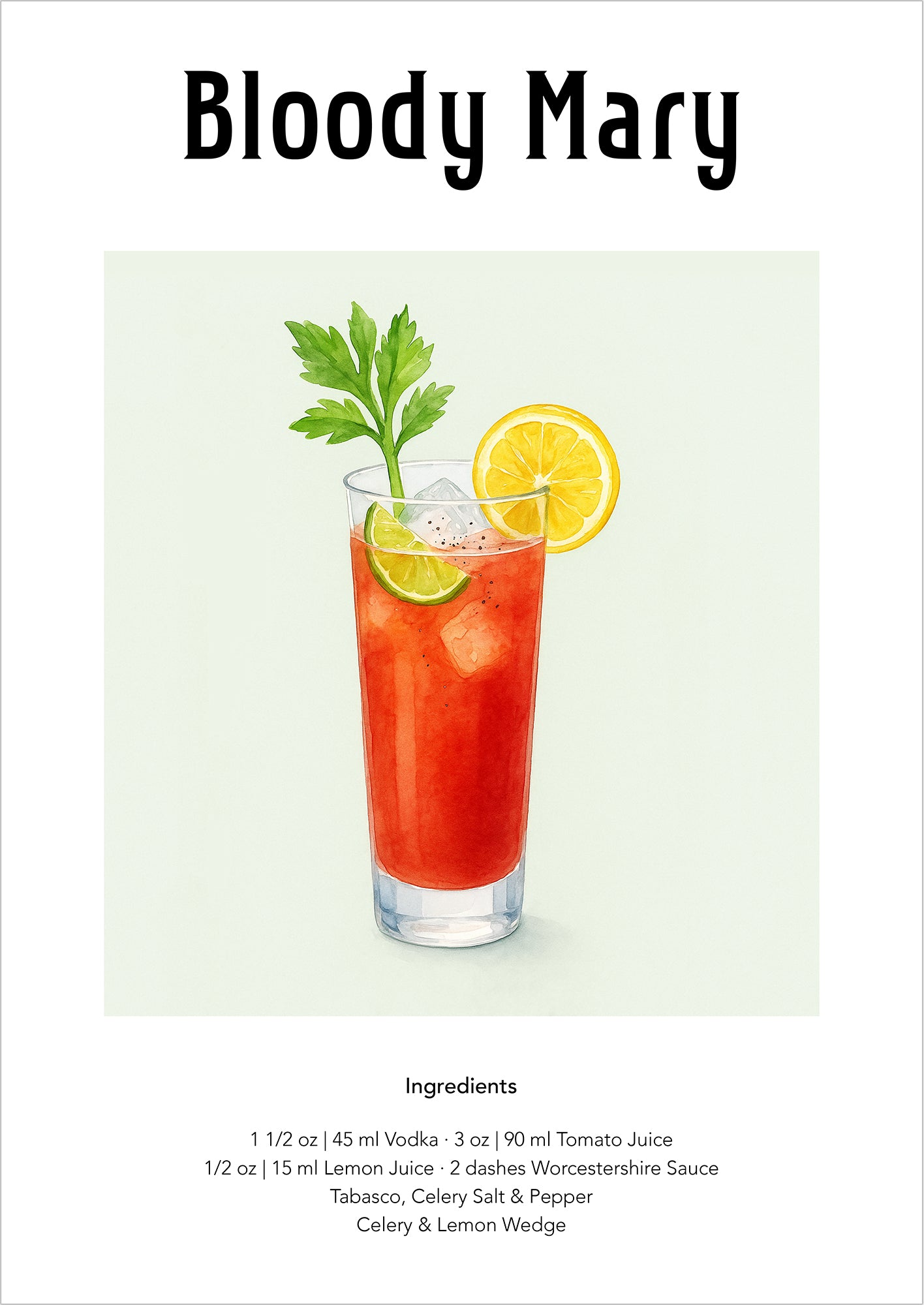 Aquarellillustration eines Bloody Mary mit Tomatensaft, Eis und Selleriestange