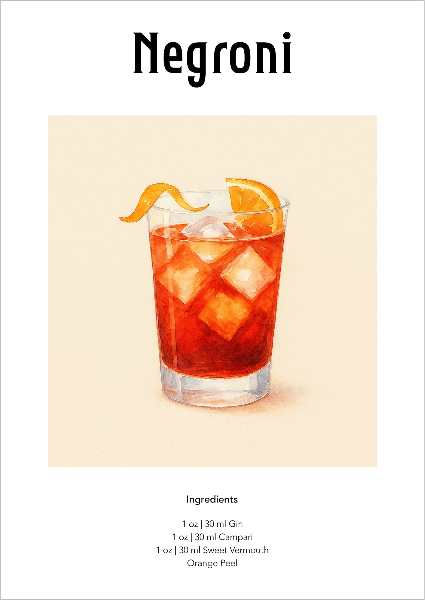 Negroni im Tumbler mit Eiswürfeln und Orangenzeste als Aquarellzeichnung