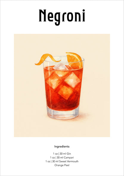 Negroni im Tumbler mit Eiswürfeln und Orangenzeste als Aquarellzeichnung