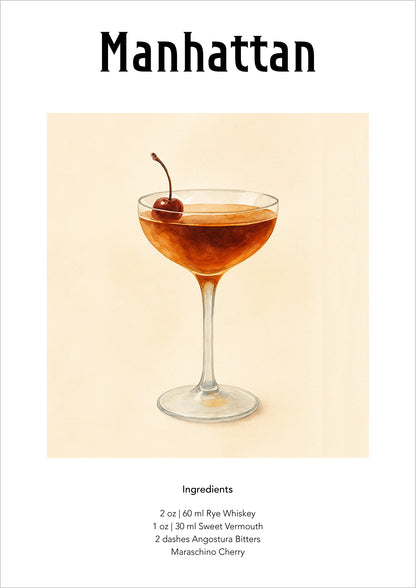 Illustration eines Manhattan-Cocktails freigestellt auf weißem Hintergrund