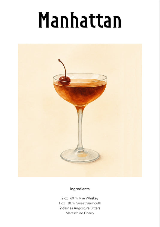 Illustration eines Manhattan-Cocktails freigestellt auf weißem Hintergrund
