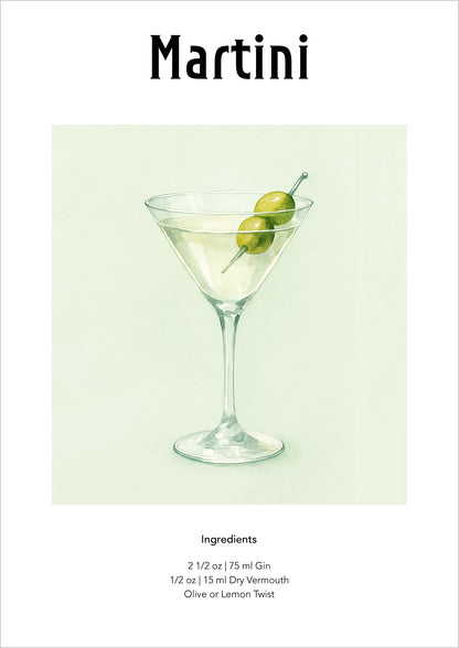 Aquarellbild eines klassischen Martini mit Olive im Cocktailglas