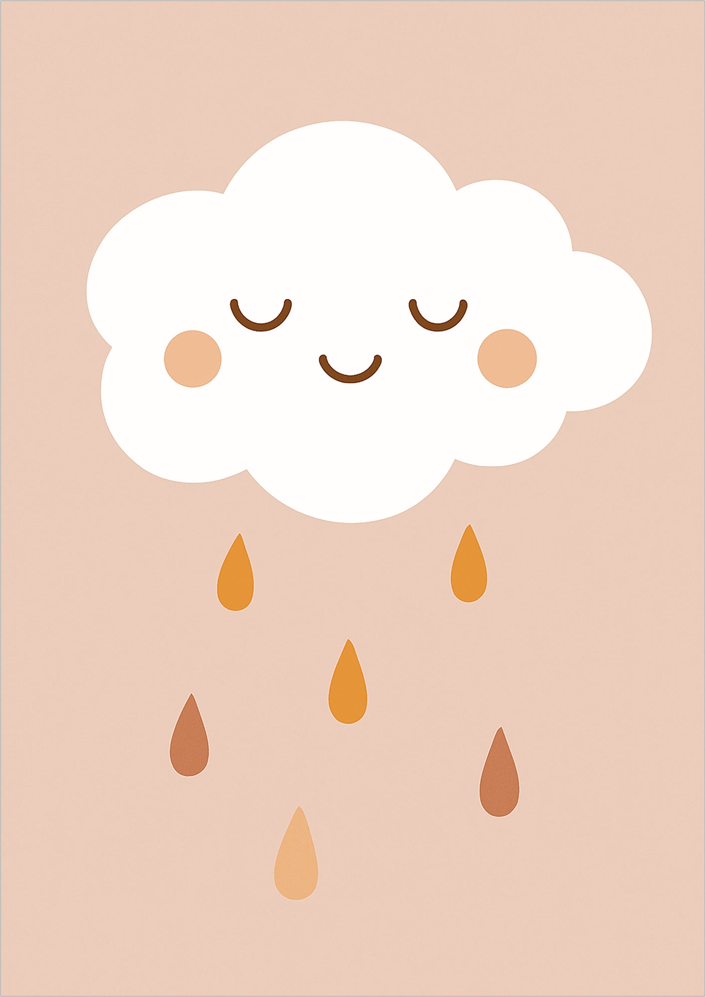 Illustration einer weißen Wolke mit Gesicht auf rosa Hintergrund, darunter bunte Regentropfen