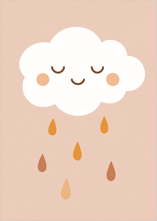 Illustration einer weißen Wolke mit Gesicht auf rosa Hintergrund, darunter bunte Regentropfen