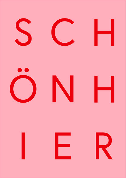 Typografieposter mit roter Schrift „SCHÖN HIER“ auf rosa Hintergrund, freigestellt