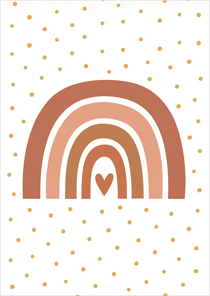 Illustration eines stilisierten Regenbogens in Erdtönen mit Herzform in der Mitte auf weißem Hintergrund