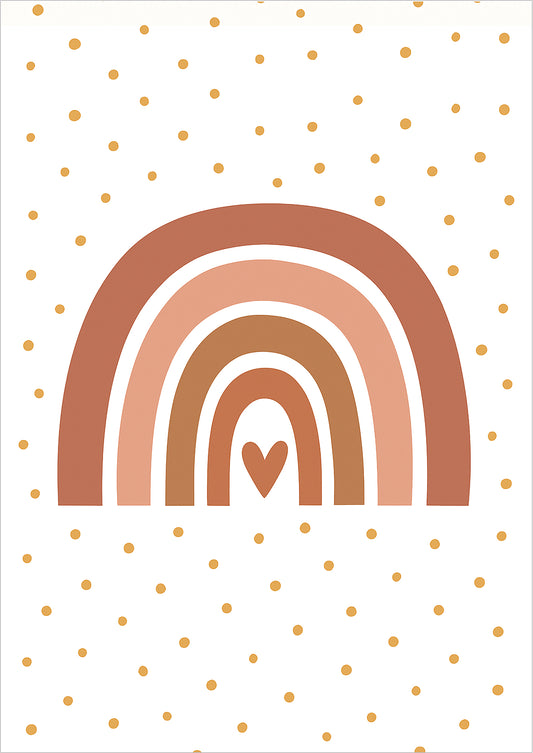 Illustration eines stilisierten Regenbogens in Erdtönen mit Herzform in der Mitte auf weißem Hintergrund