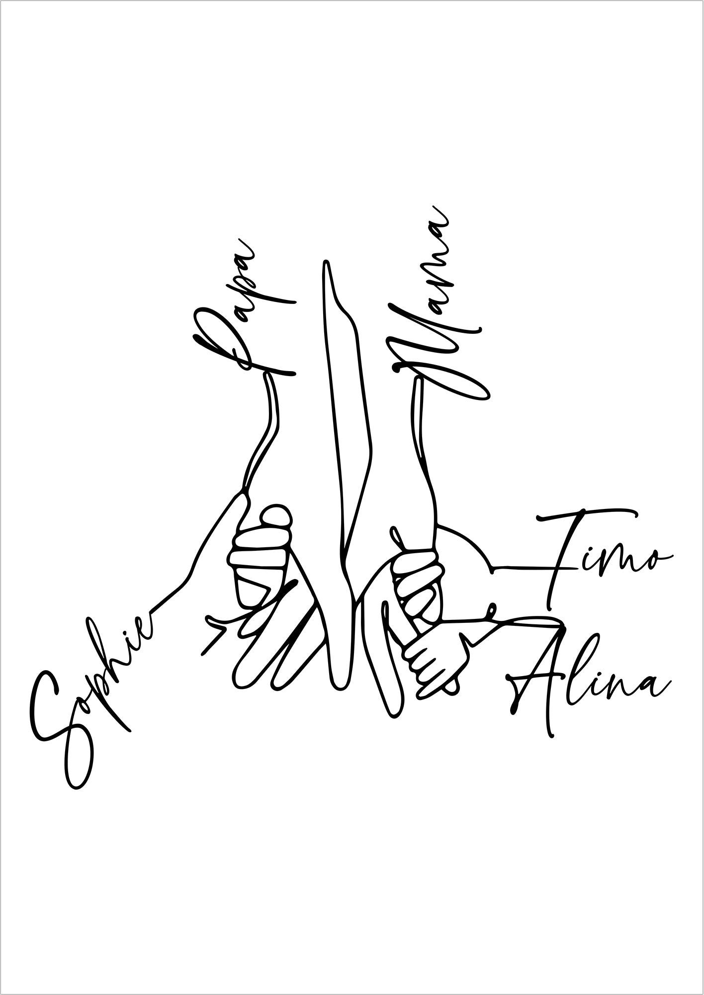 One Line Poster – minimalistisches Familienbild mit fünf Händen, personalisiert mit Namen.