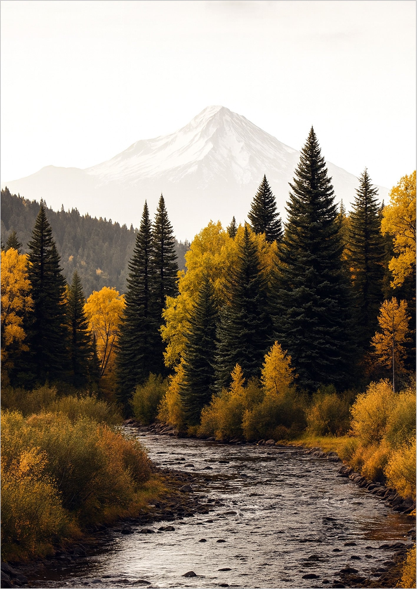 Poster Herbstwald mit Fluss und Berg freigestellt