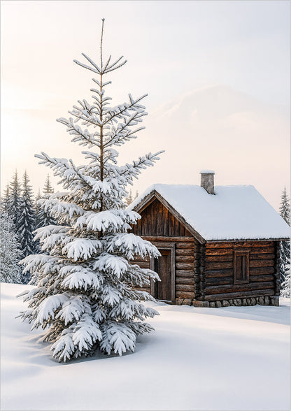 Poster Waldhütte mit Schnee bedeckt freigestellt