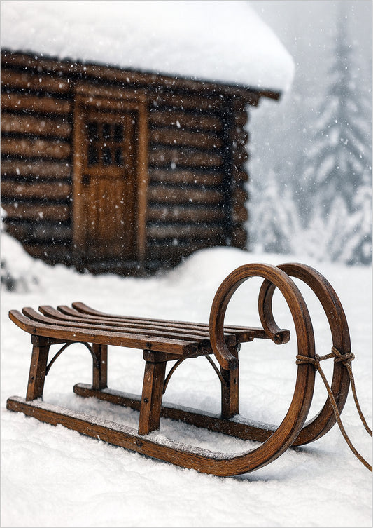 Poster Waldhütte mit Vintage Schlitten im Schnee freigestellt