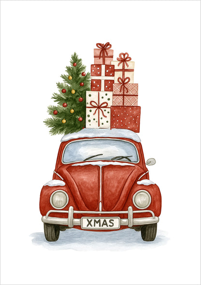 Poster XMAS Käfer mit Weihnachtsbaum und Geschenken Illustration freigestellt