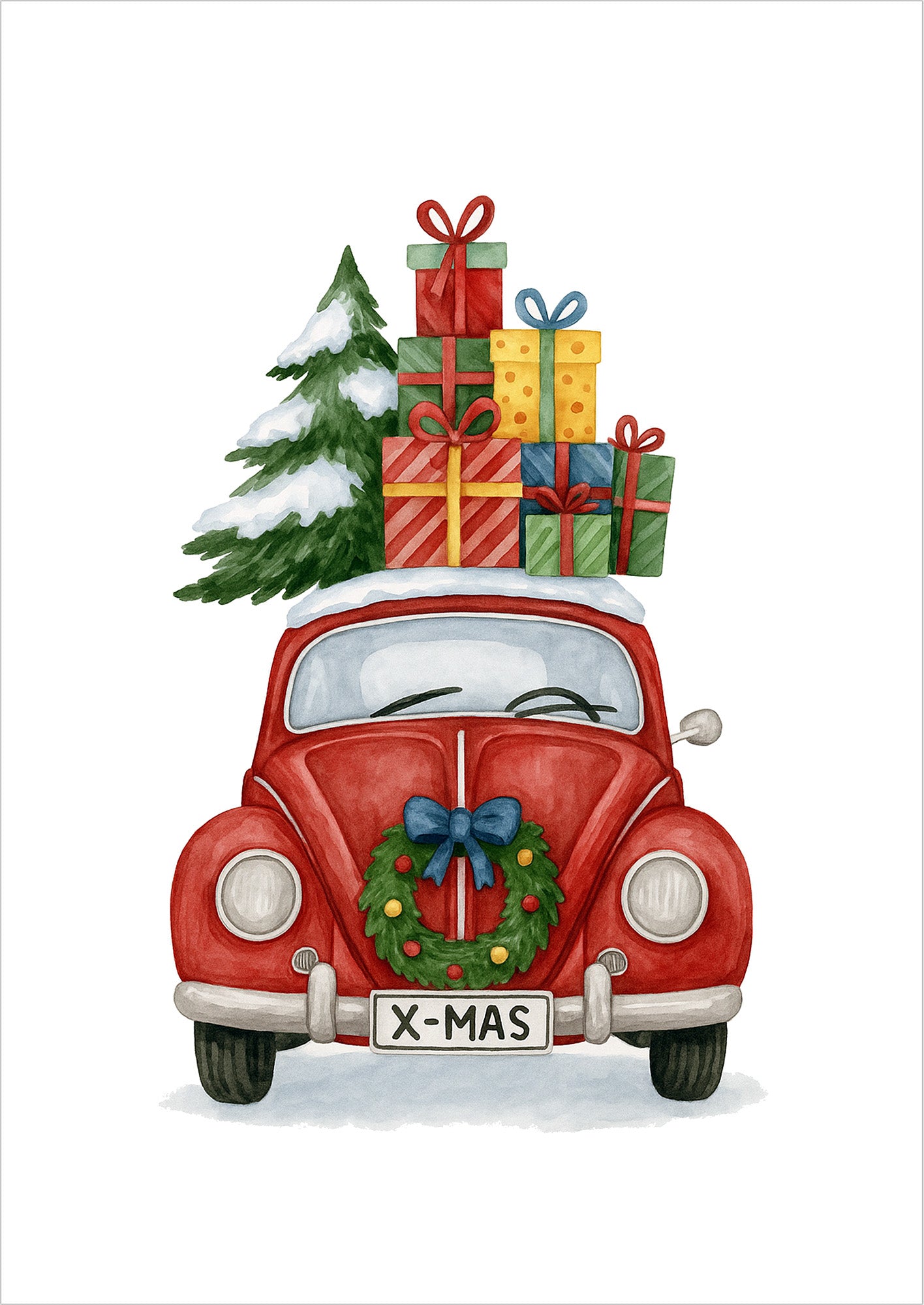 Poster XMAS Käfer mit Weihnachtsbaum, Kranz und Geschenken Illustration freigestellt