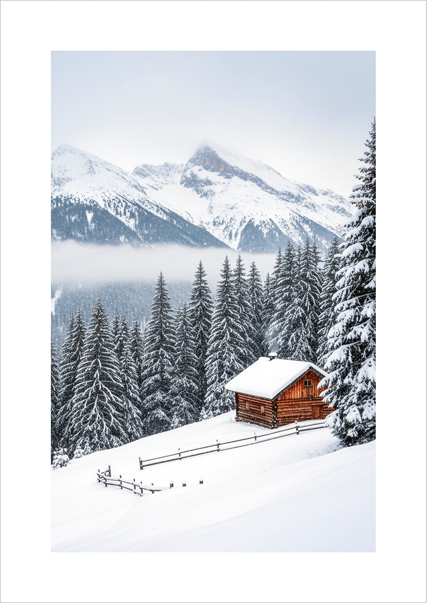 Poster Berghütte im Wald mit Schnee bedeckt freigestellt