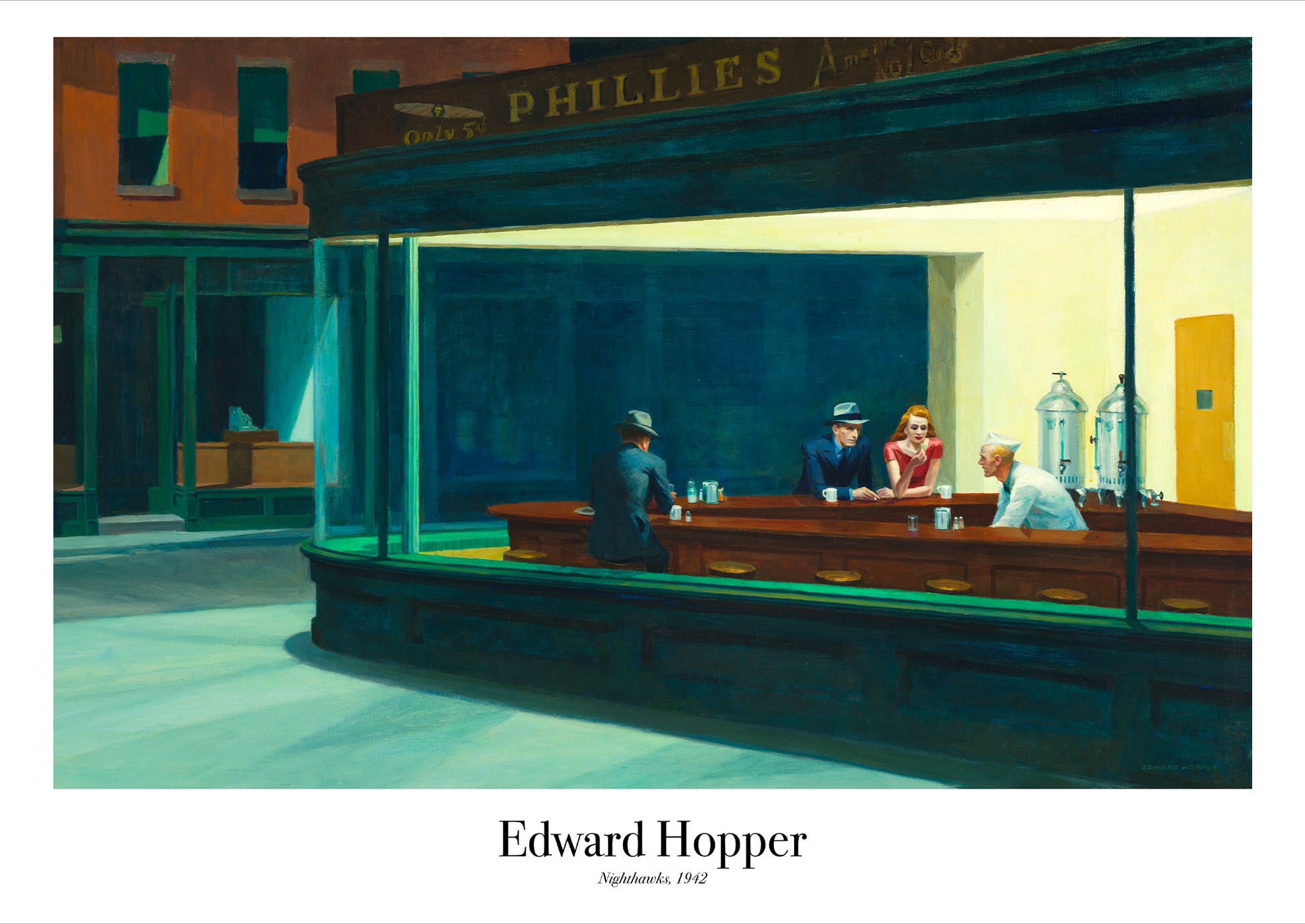 Nighthawks von Edward Hopper Poster auf weißem Hintergrund freigestellt