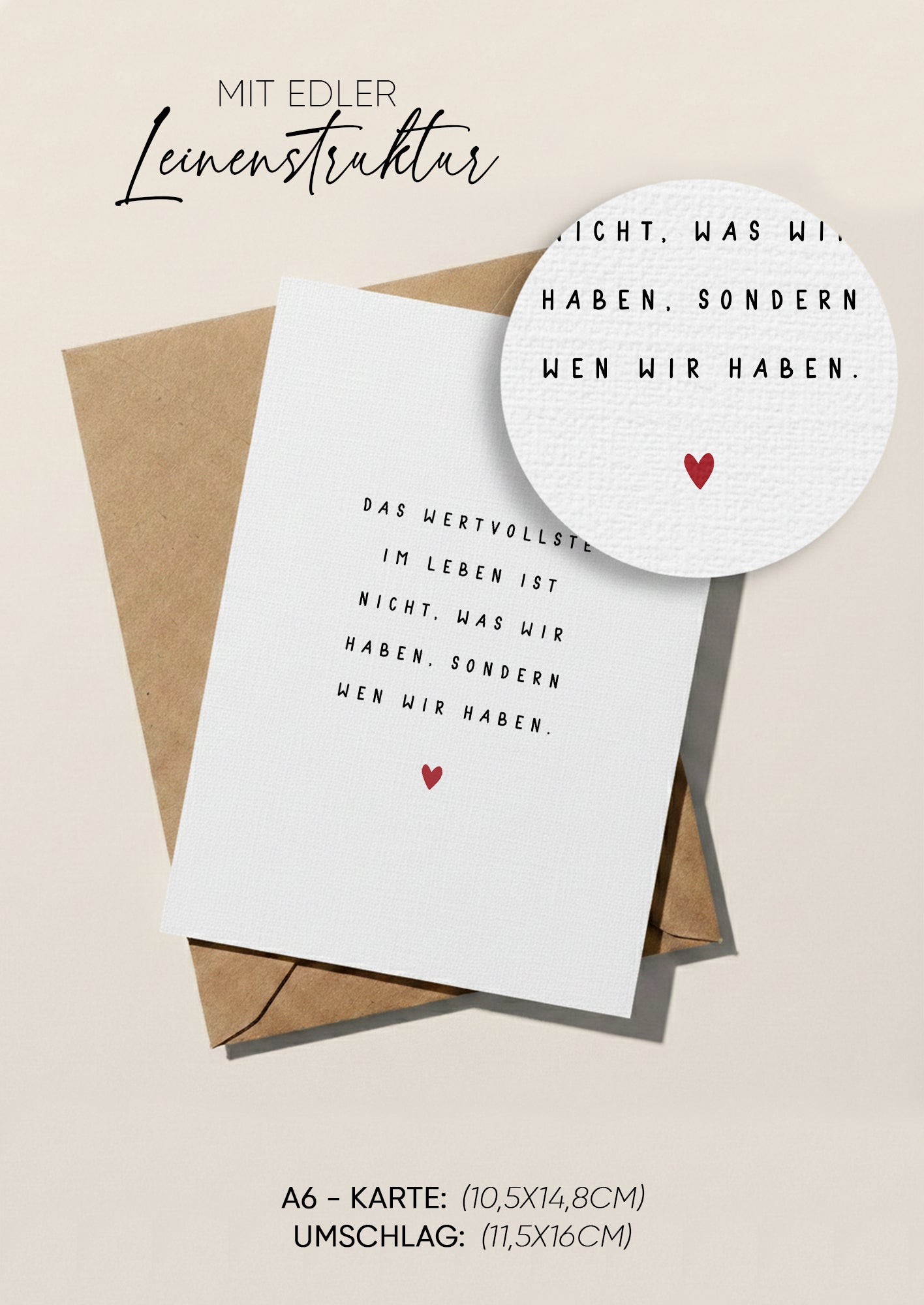 Edle Liebes-Grußkarte "Das Wertvollste im Leben" – Hochwertige Karte mit Leinenstruktur & Kraftpapier-Umschlag