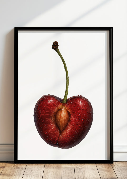 Gerahmtes Poster einer halbierten Kirsche im Wohnzimmer – stilvolle Wanddeko